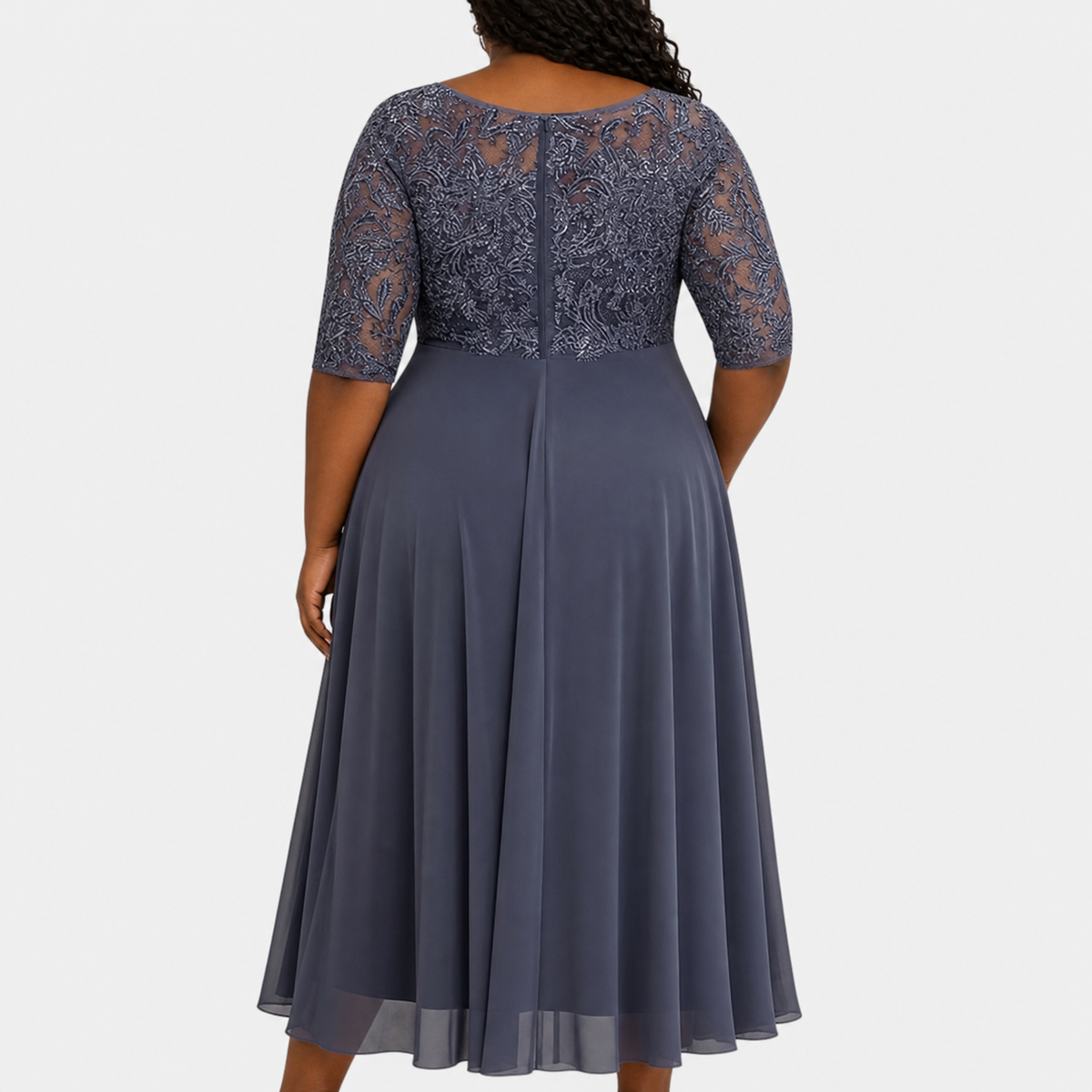 Women’s Lace Chiffon Midi Dress with Draped Skirt