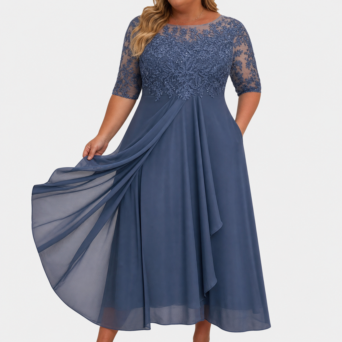 Women’s Lace Chiffon Midi Dress with Draped Skirt