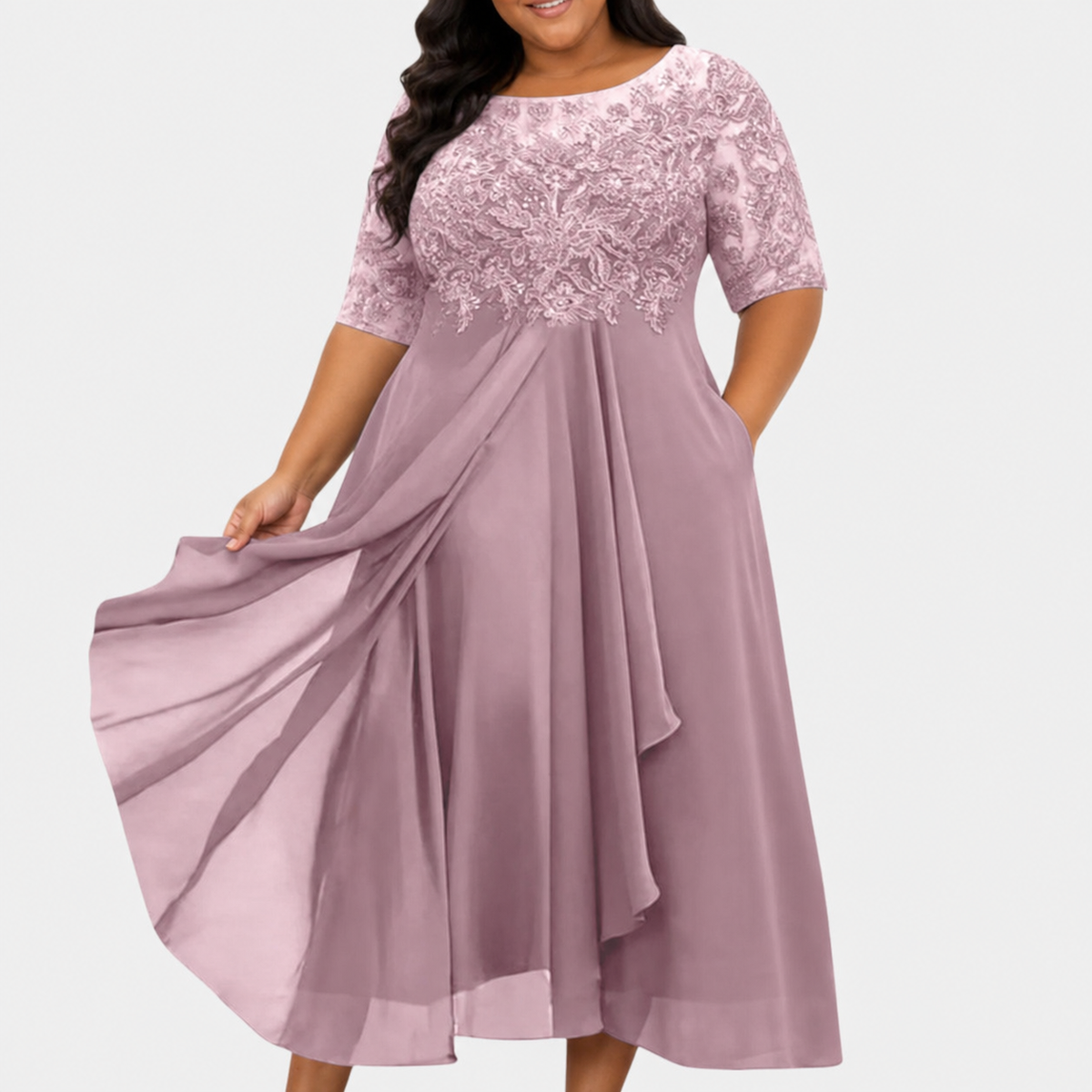 Women’s Lace Chiffon Midi Dress with Draped Skirt