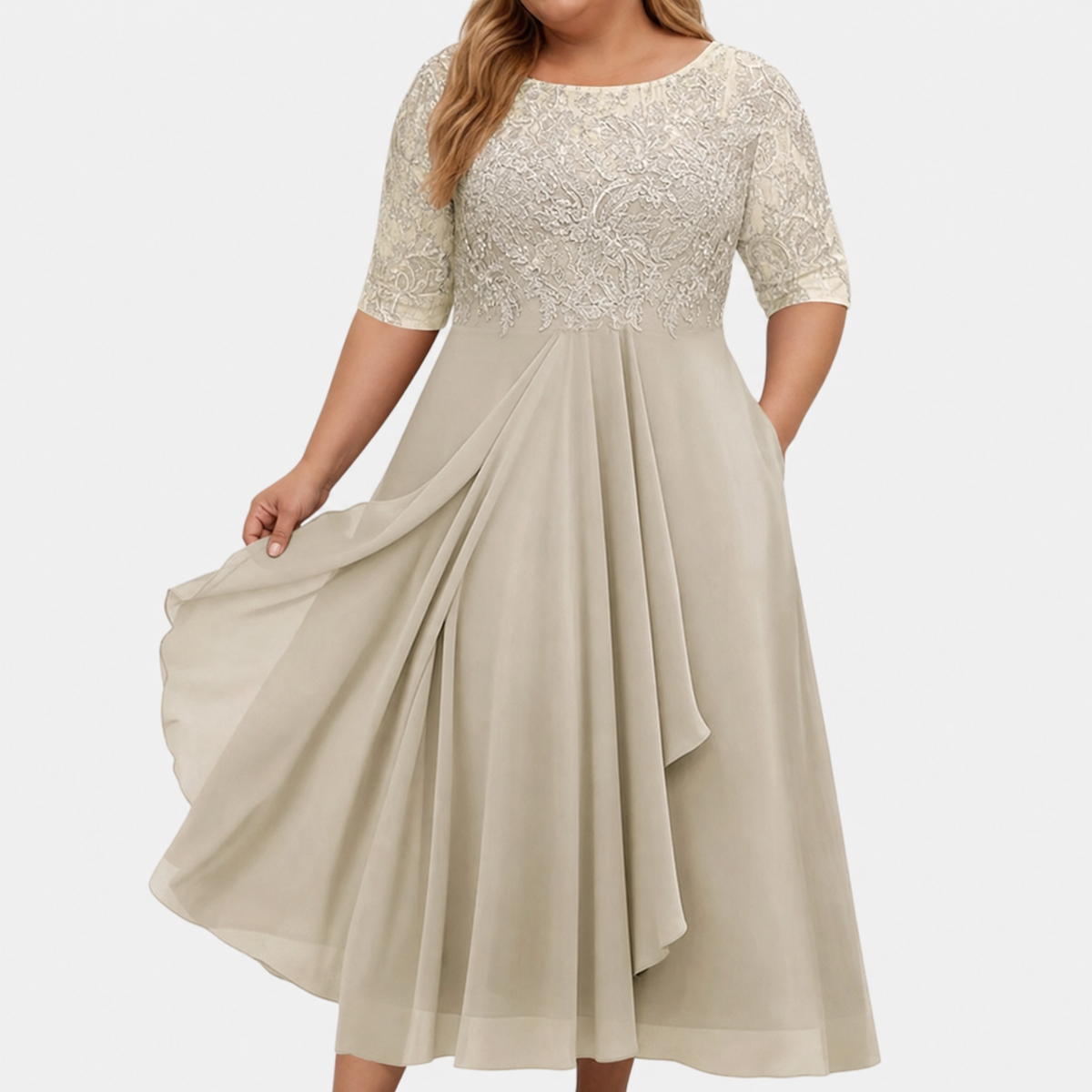 Women’s Lace Chiffon Midi Dress with Draped Skirt