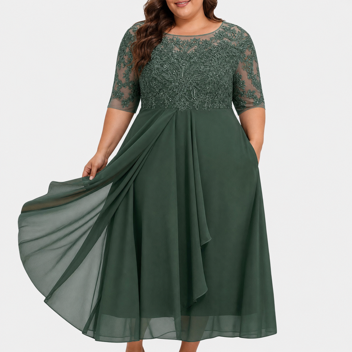 Women’s Lace Chiffon Midi Dress with Draped Skirt