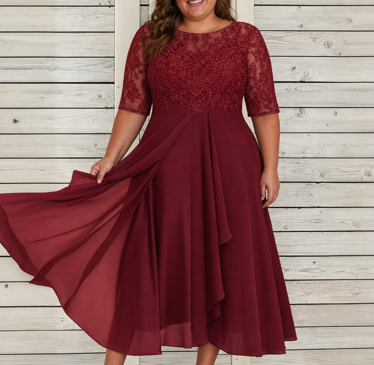 Women’s Lace Chiffon Midi Dress with Draped Skirt