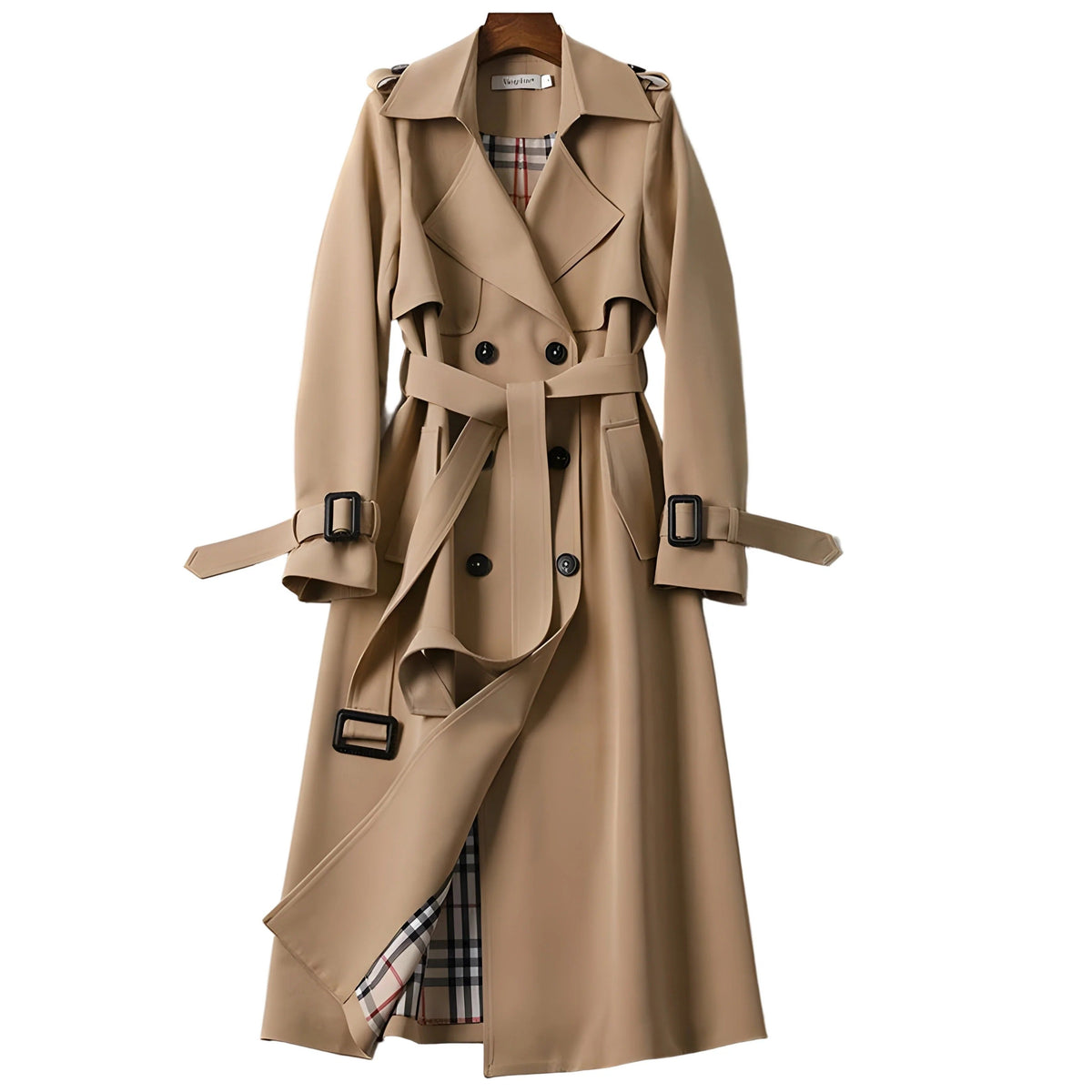 Women's Double-Breasted Gabardine Trench Coat with Waist Belt – Elegant Tailored Outerwear for Autumn and Office Wear