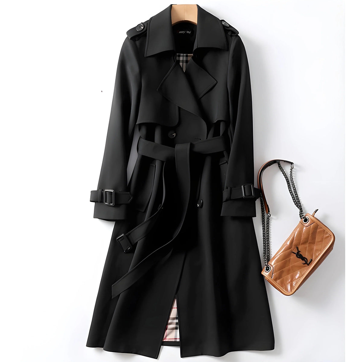Women's Double-Breasted Gabardine Trench Coat with Waist Belt – Elegant Tailored Outerwear for Autumn and Office Wear