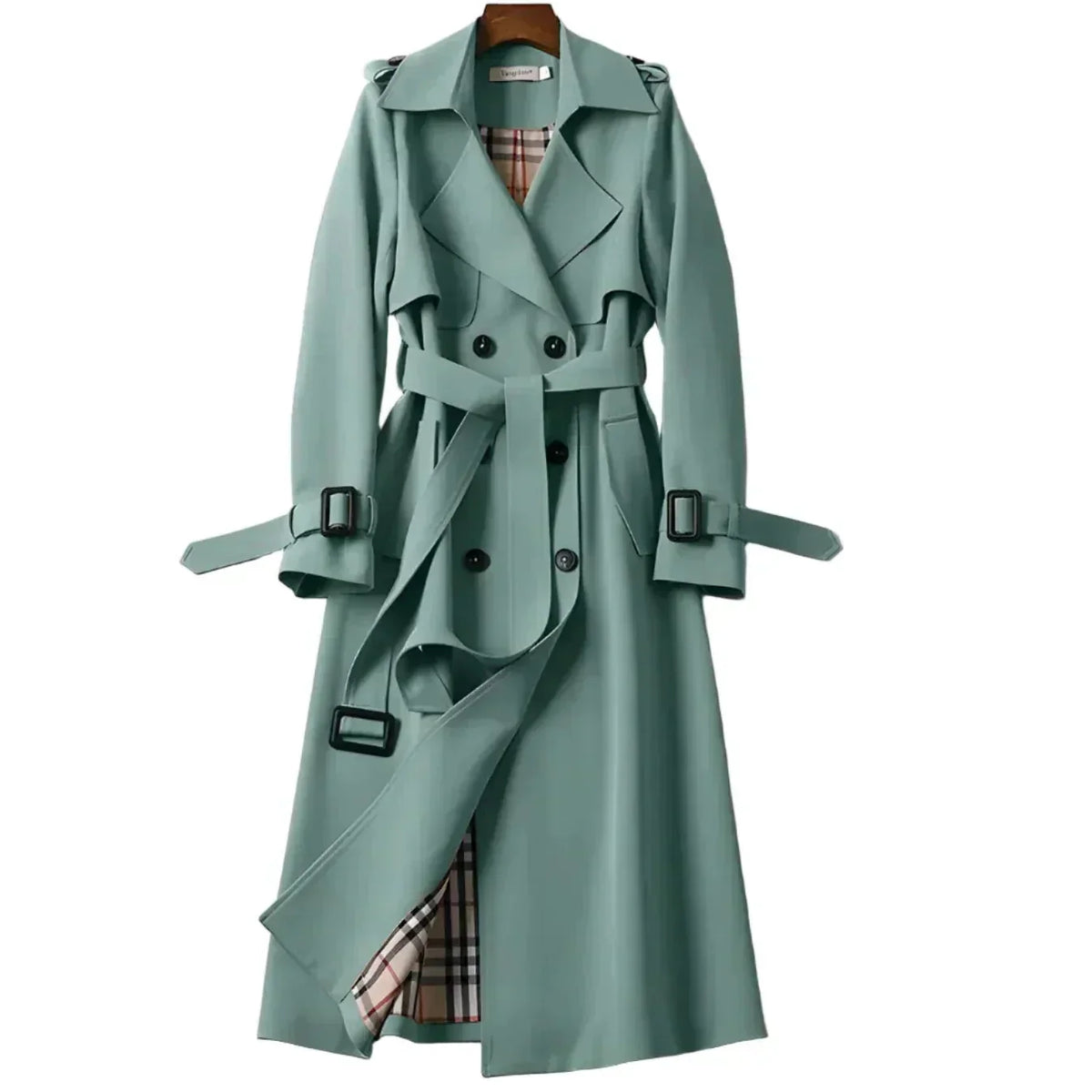 Women's Double-Breasted Gabardine Trench Coat with Waist Belt – Elegant Tailored Outerwear for Autumn and Office Wear