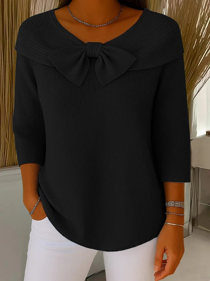 Women's Ribbed Wool Blend Sweater with Bow Neckline – Elegant Three-Quarter Sleeve Knit for Autumn and Winter