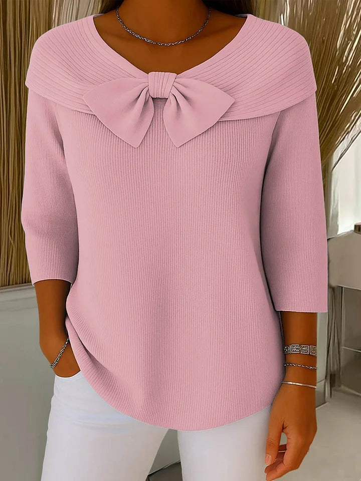 Women's Ribbed Wool Blend Sweater with Bow Neckline – Elegant Three-Quarter Sleeve Knit for Autumn and Winter