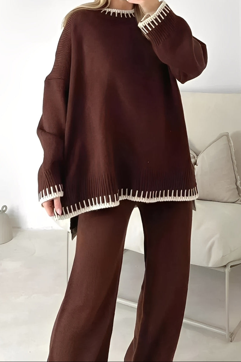 Women’s Knitted Sweater and Wide-Leg Trouser Set with Contrast Ribbed Trims – Relaxed Fit Two-Piece Lounge Outfit for Comfortable Everyday Dressing