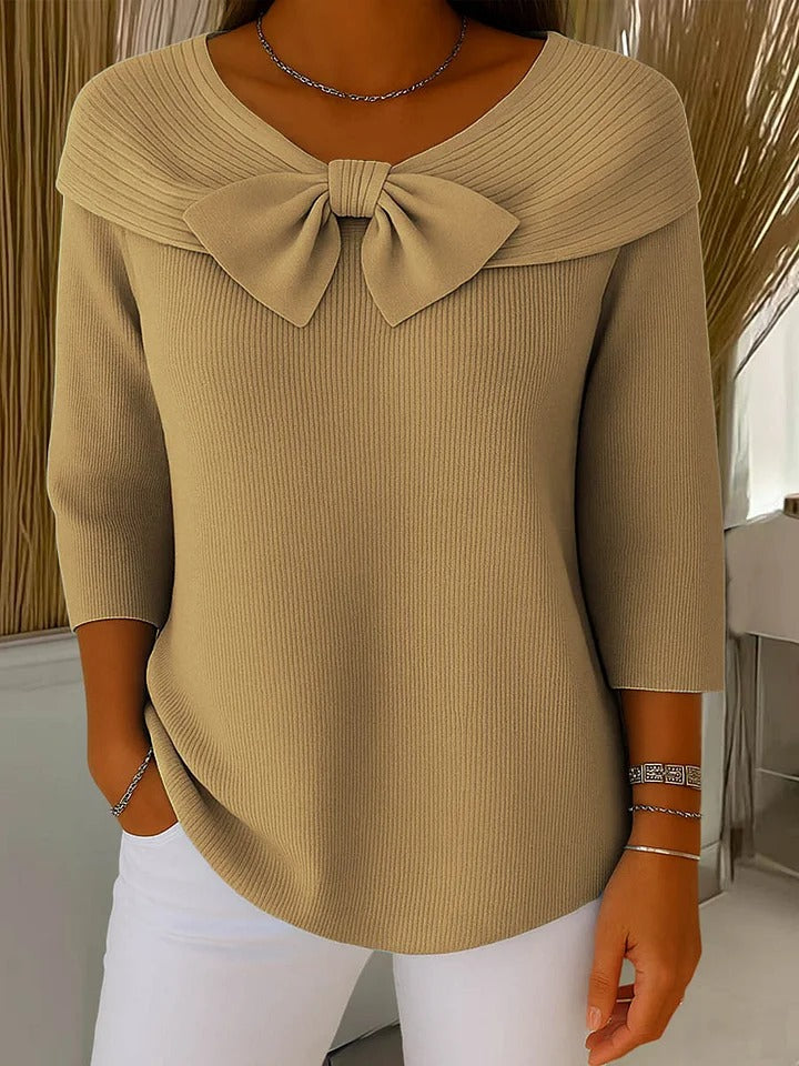Women's Ribbed Wool Blend Sweater with Bow Neckline – Elegant Three-Quarter Sleeve Knit for Autumn and Winter