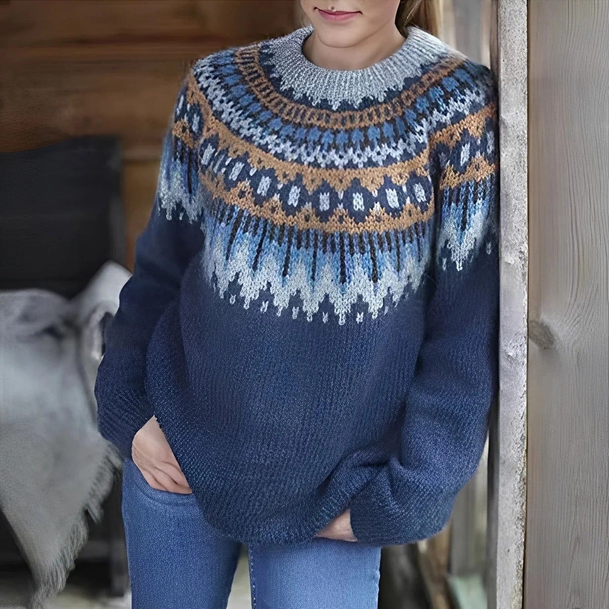 Women's Printed Wool Blend Knitted Sweater with Crew Neck – Relaxed Fit for Autumn and Winter