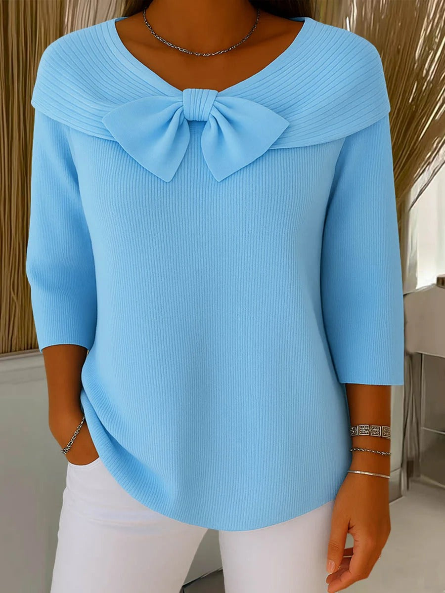 Women's Ribbed Wool Blend Sweater with Bow Neckline – Elegant Three-Quarter Sleeve Knit for Autumn and Winter