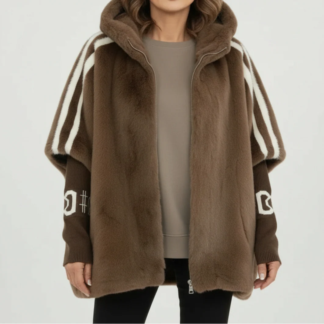 Women's Oversized Plush Faux Fur Hooded Winter Jacket with Contrast Knitted Sleeves and High Collar – Cosy Longline Zip-Up Teddy Coat with Relaxed Fit for Casual Streetwear and Autumn Winter Layering