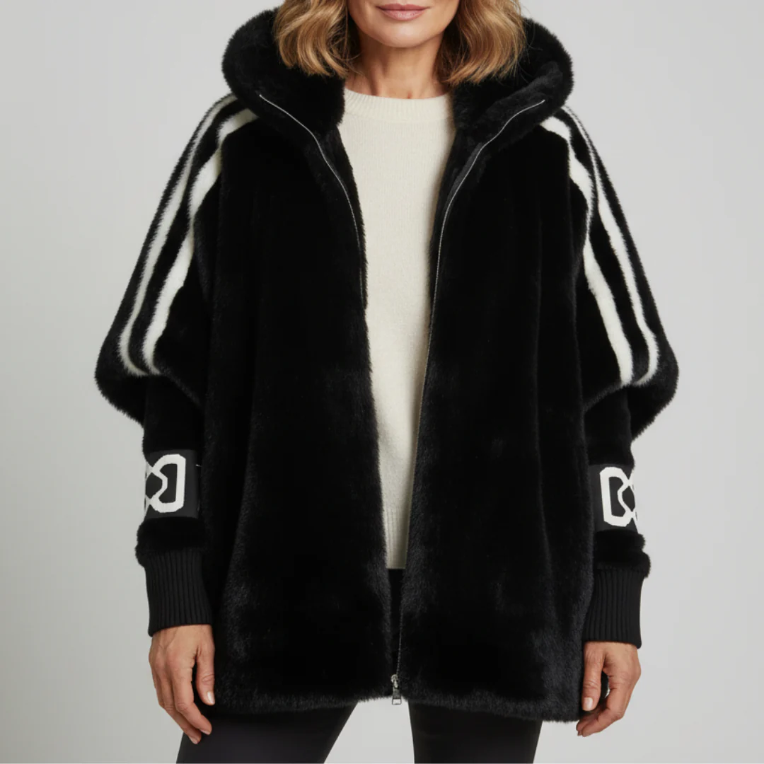 Women's Oversized Plush Faux Fur Hooded Winter Jacket with Contrast Knitted Sleeves and High Collar – Cosy Longline Zip-Up Teddy Coat with Relaxed Fit for Casual Streetwear and Autumn Winter Layering