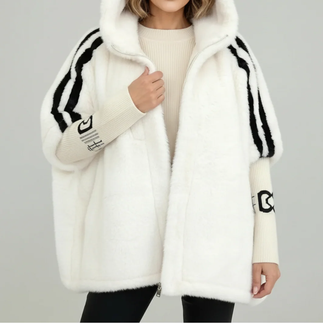 Women's Oversized Plush Faux Fur Hooded Winter Jacket with Contrast Knitted Sleeves and High Collar – Cosy Longline Zip-Up Teddy Coat with Relaxed Fit for Casual Streetwear and Autumn Winter Layering