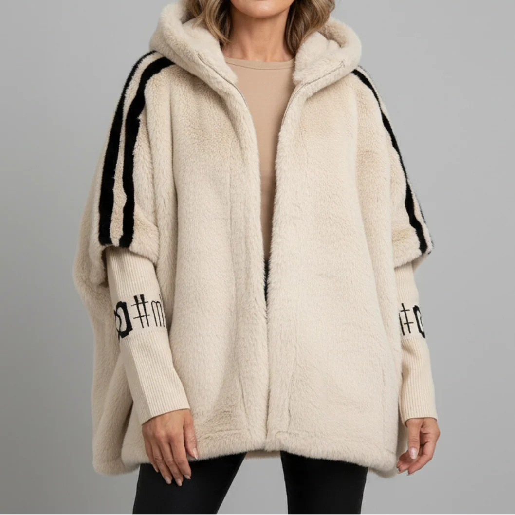 Women's Oversized Plush Faux Fur Hooded Winter Jacket with Contrast Knitted Sleeves and High Collar – Cosy Longline Zip-Up Teddy Coat with Relaxed Fit for Casual Streetwear and Autumn Winter Layering