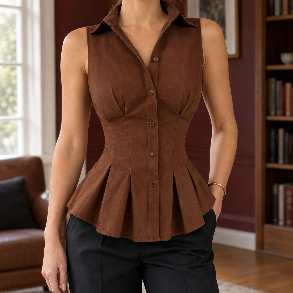 Chantal-Sage Tailored Peplum Top