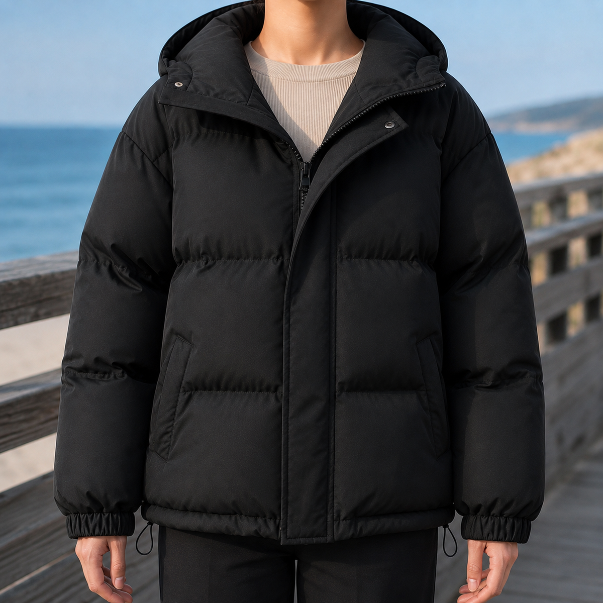 Puffer Jacket Polyester Hooded with Drawcord Hem and Angled Pockets
