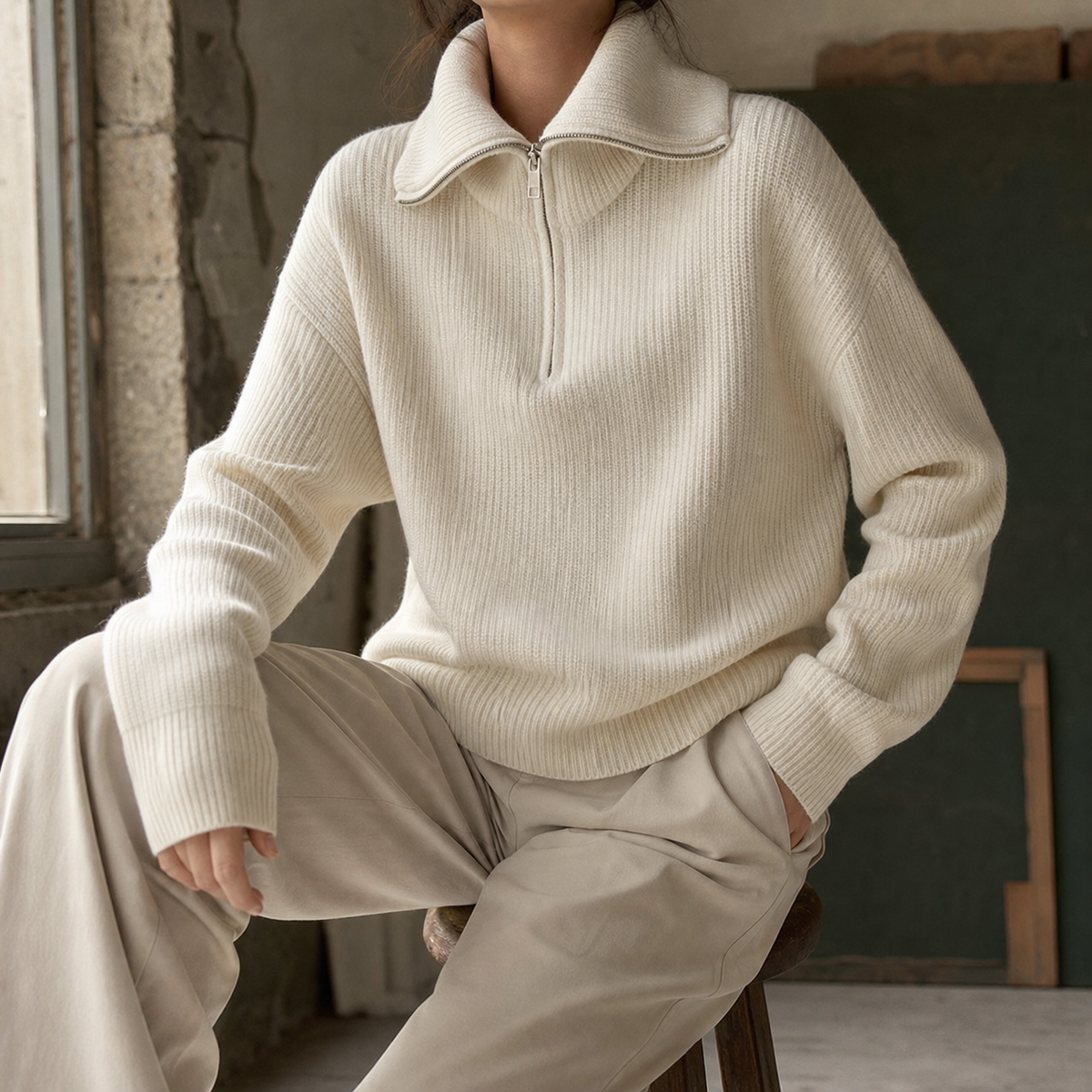 Xaviera-Sage Zip Neck Sweater