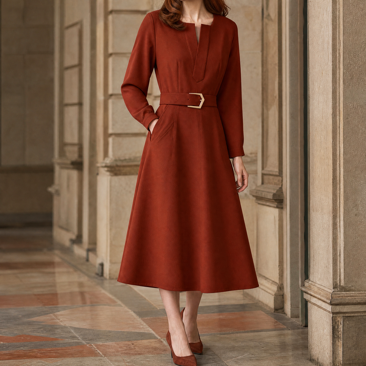 Autumn-Jade Belted A-Line Dress