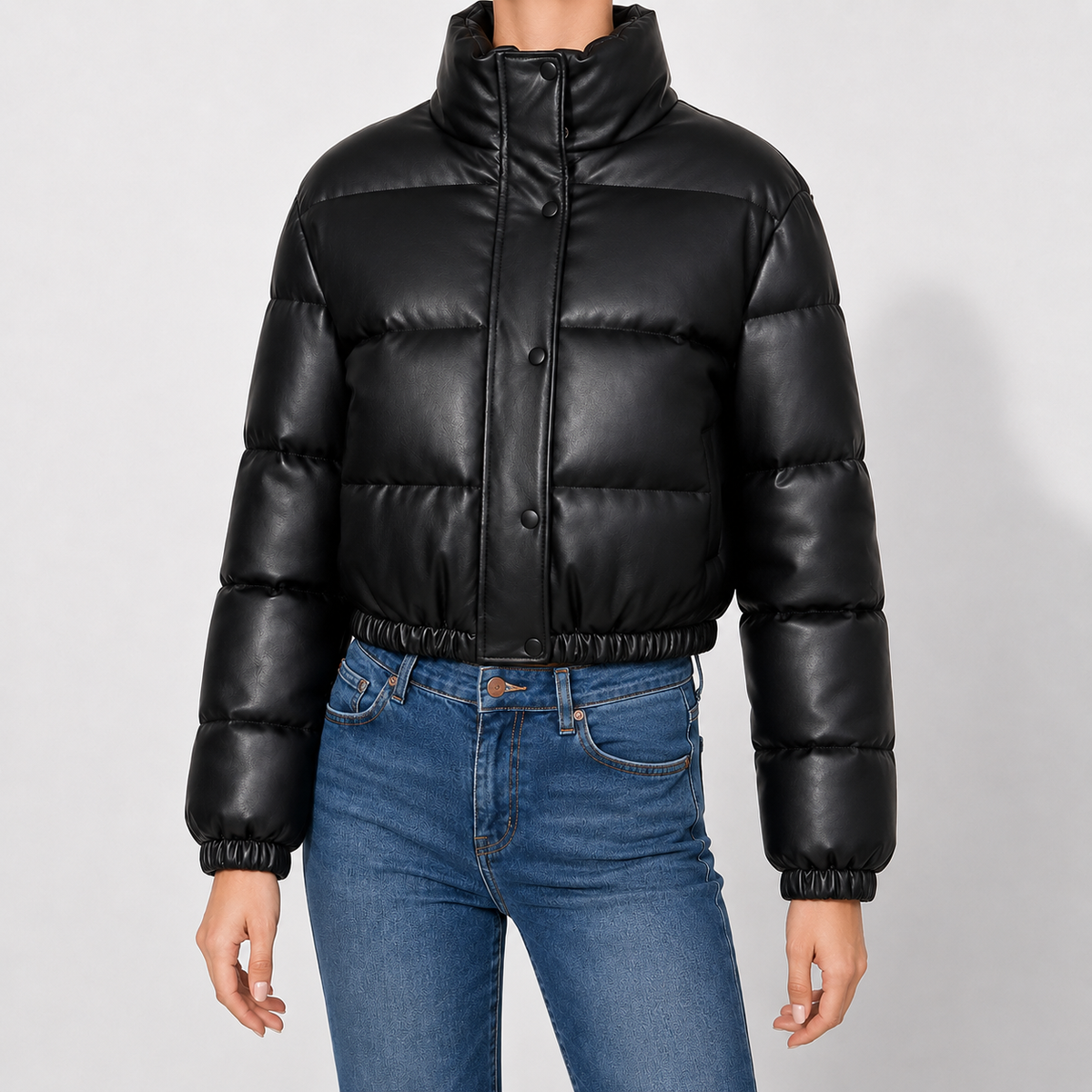 Puffer Jacket Faux Leather Cropped with Funnel Collar and Quilting