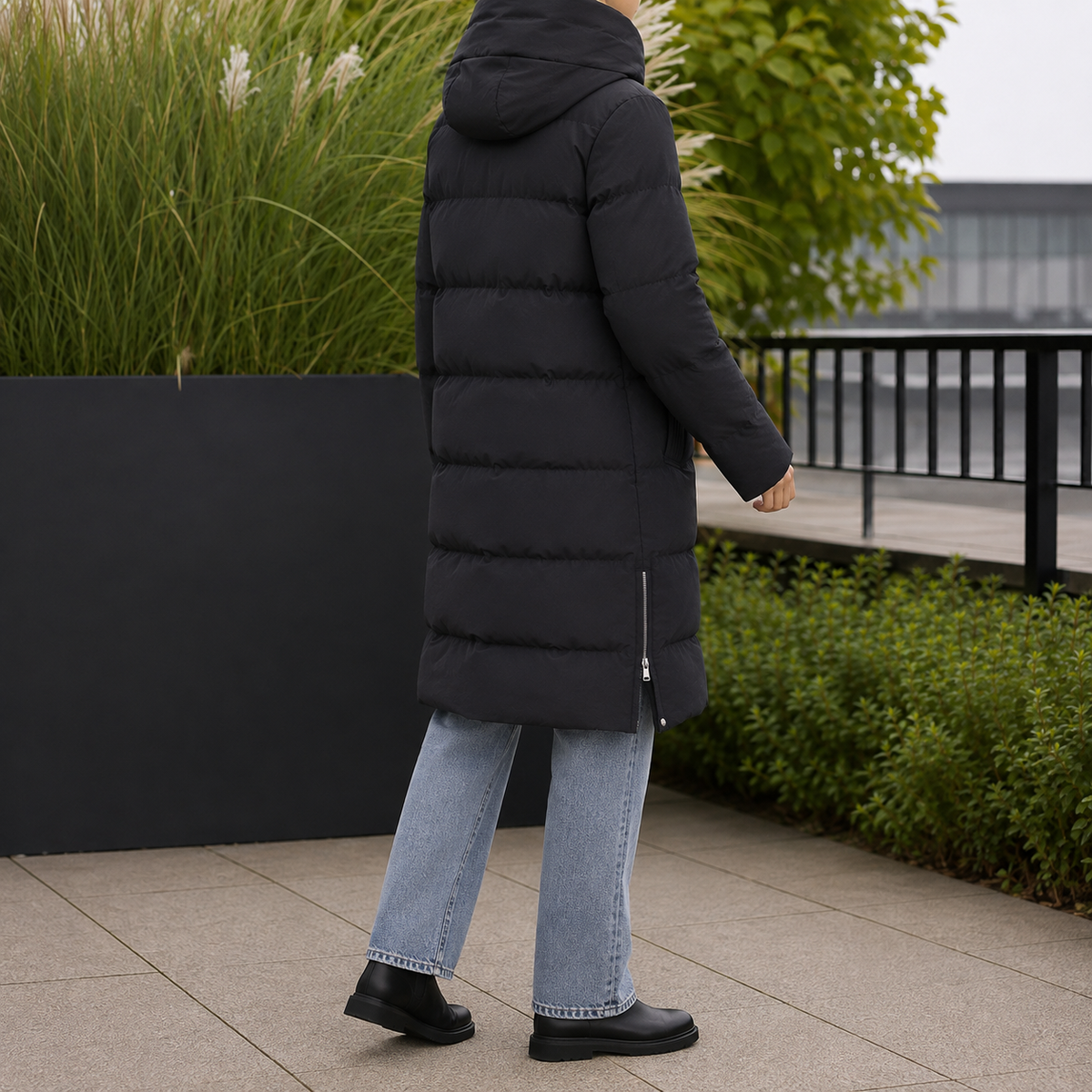 Puffer Jacket Polyester Longline with Padded Hood and Side Vents