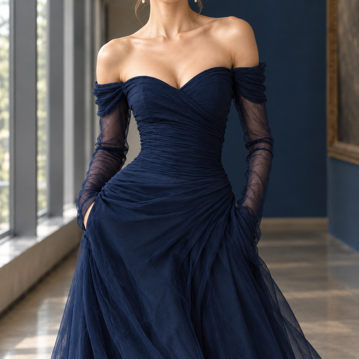 Crystal-Pearl Off-Shoulder Dress