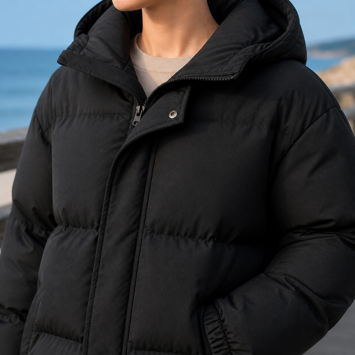 Puffer Jacket Polyester Hooded with Drawcord Hem and Angled Pockets