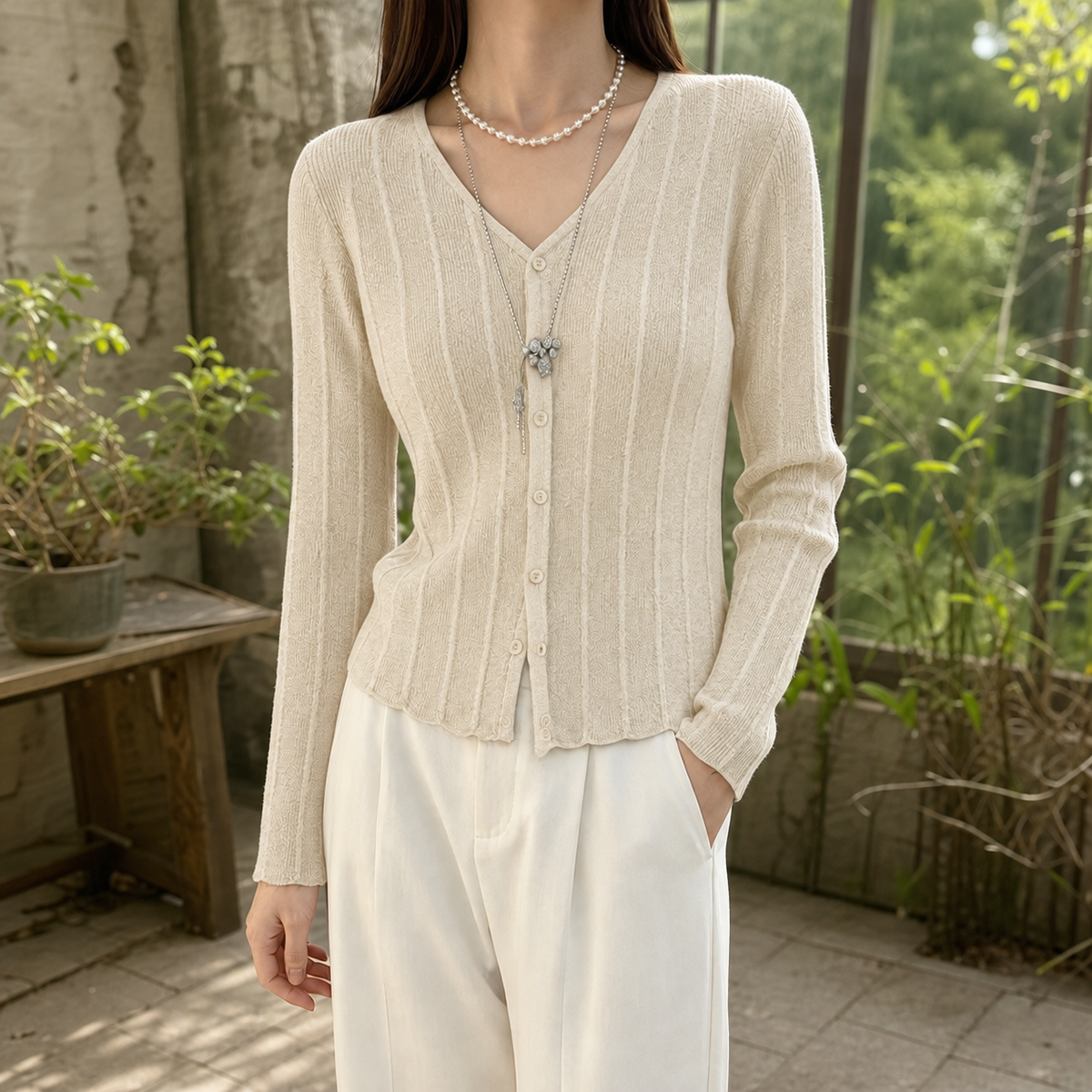 Elle-Pearl Ribbed Cardigan