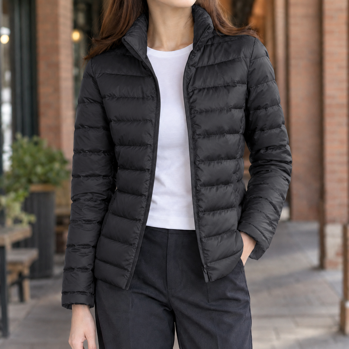 Puffer Jacket Cashmere-Feel Slim with Horizontal Quilting and Zip