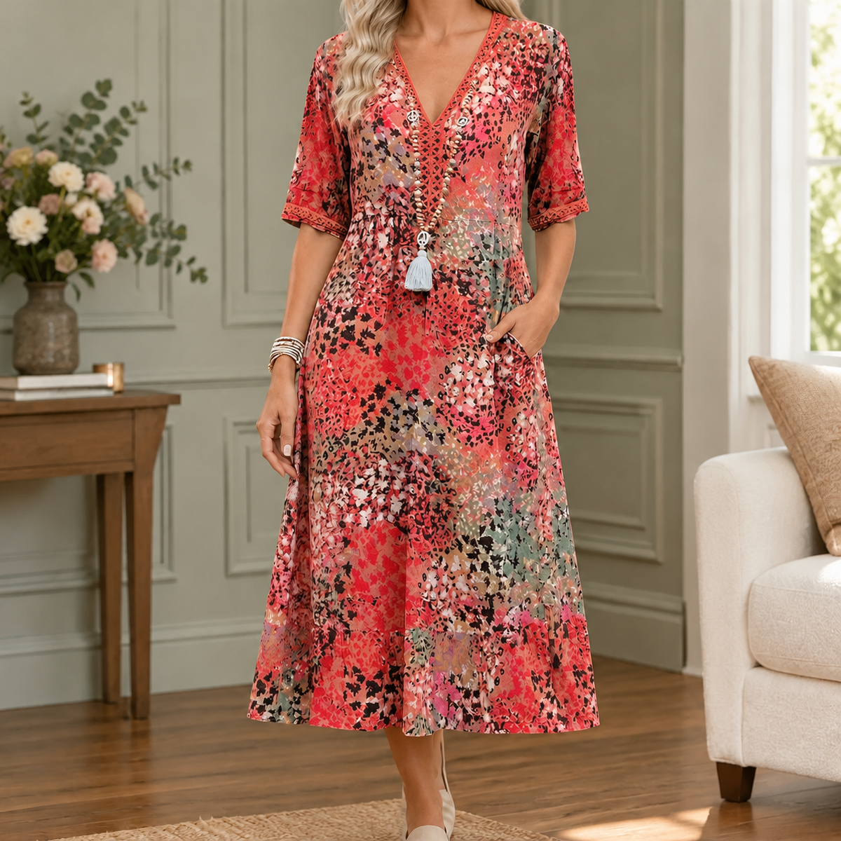 Olympia-Hope V-Neck Midi Dress