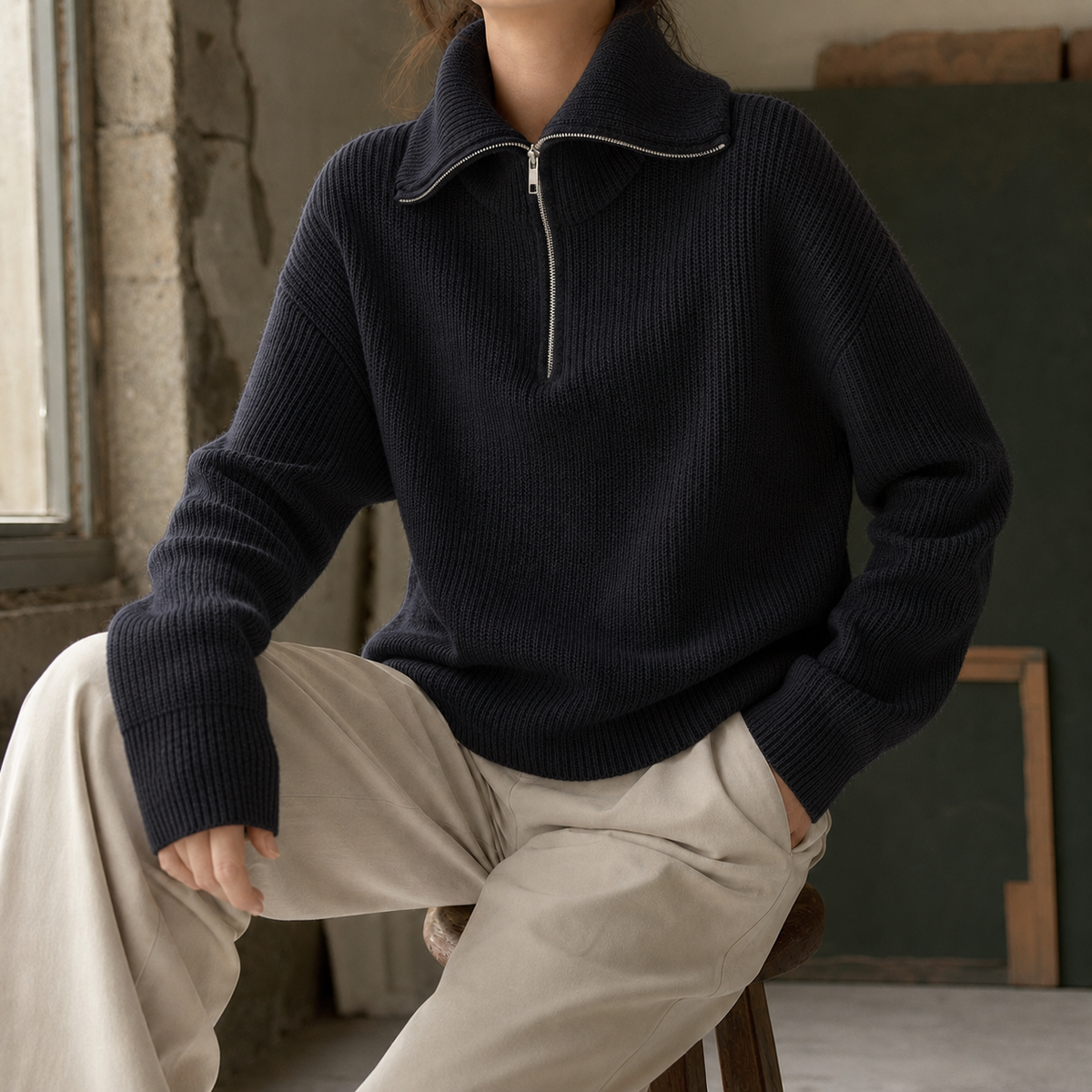 Xaviera-Sage Zip Neck Sweater