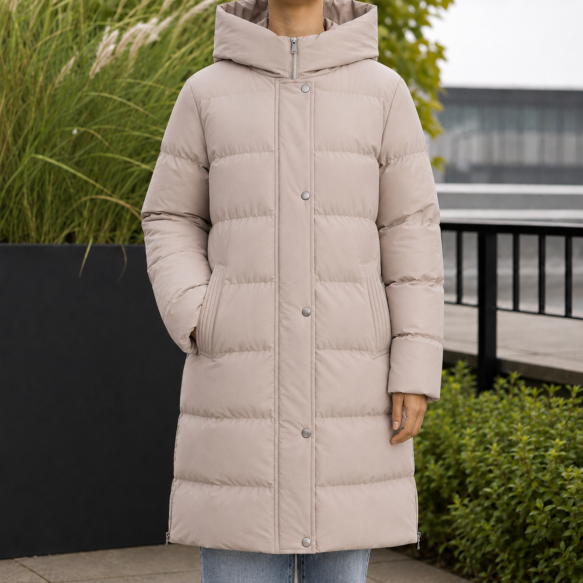 Puffer Jacket Polyester Longline with Padded Hood and Side Vents