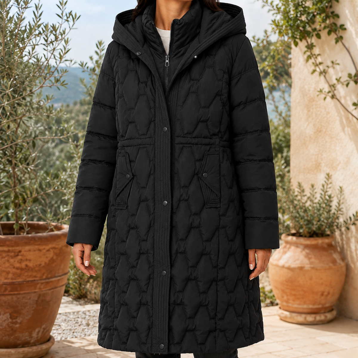 Puffer Jacket Polyester Longline with Geometric Quilting and Hood