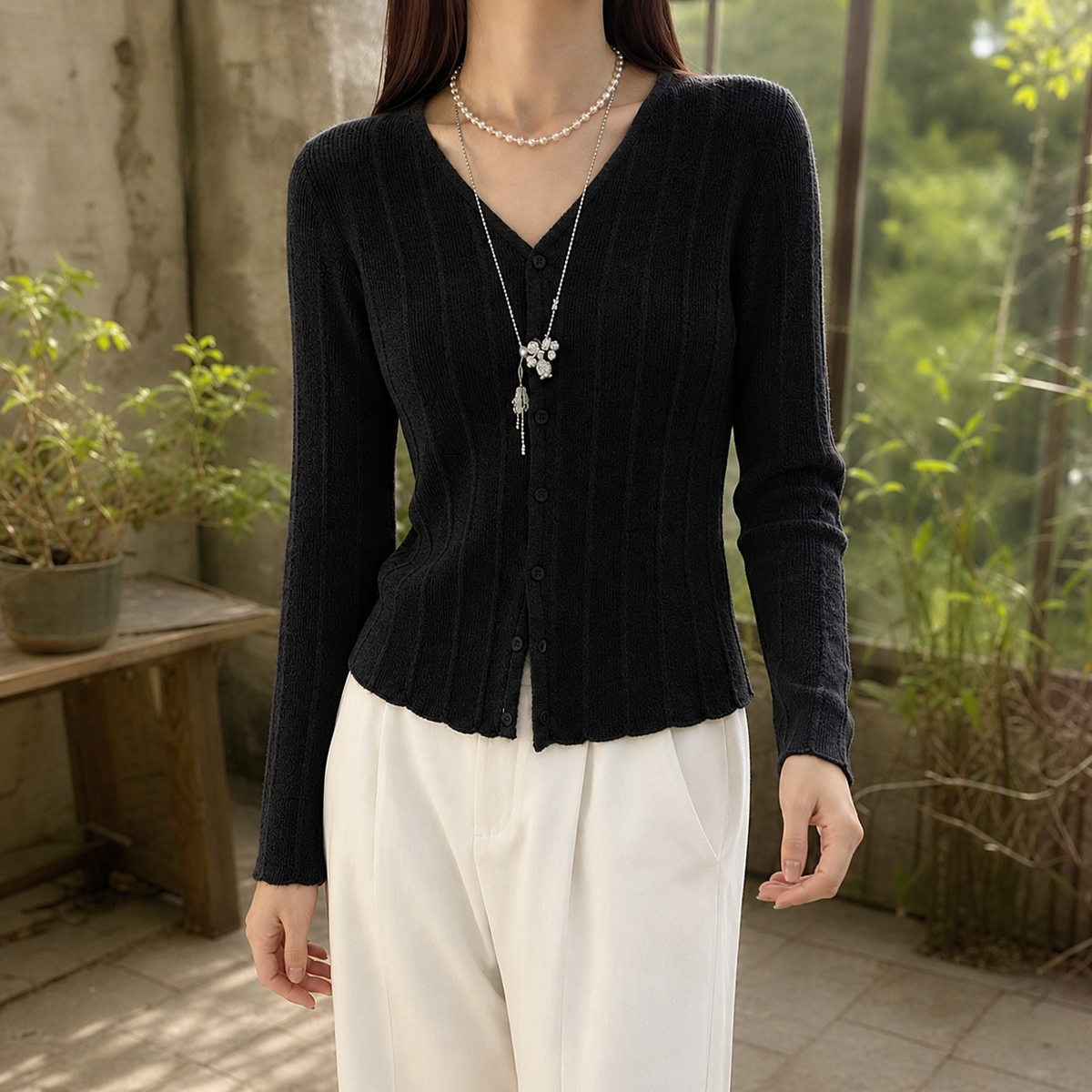 Elle-Pearl Ribbed Cardigan