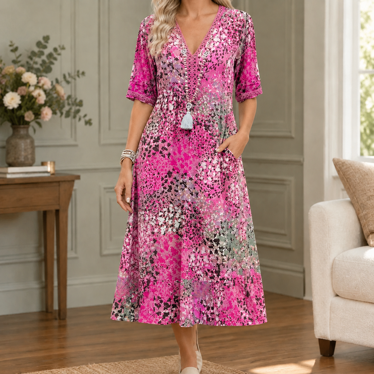 Olympia-Hope V-Neck Midi Dress