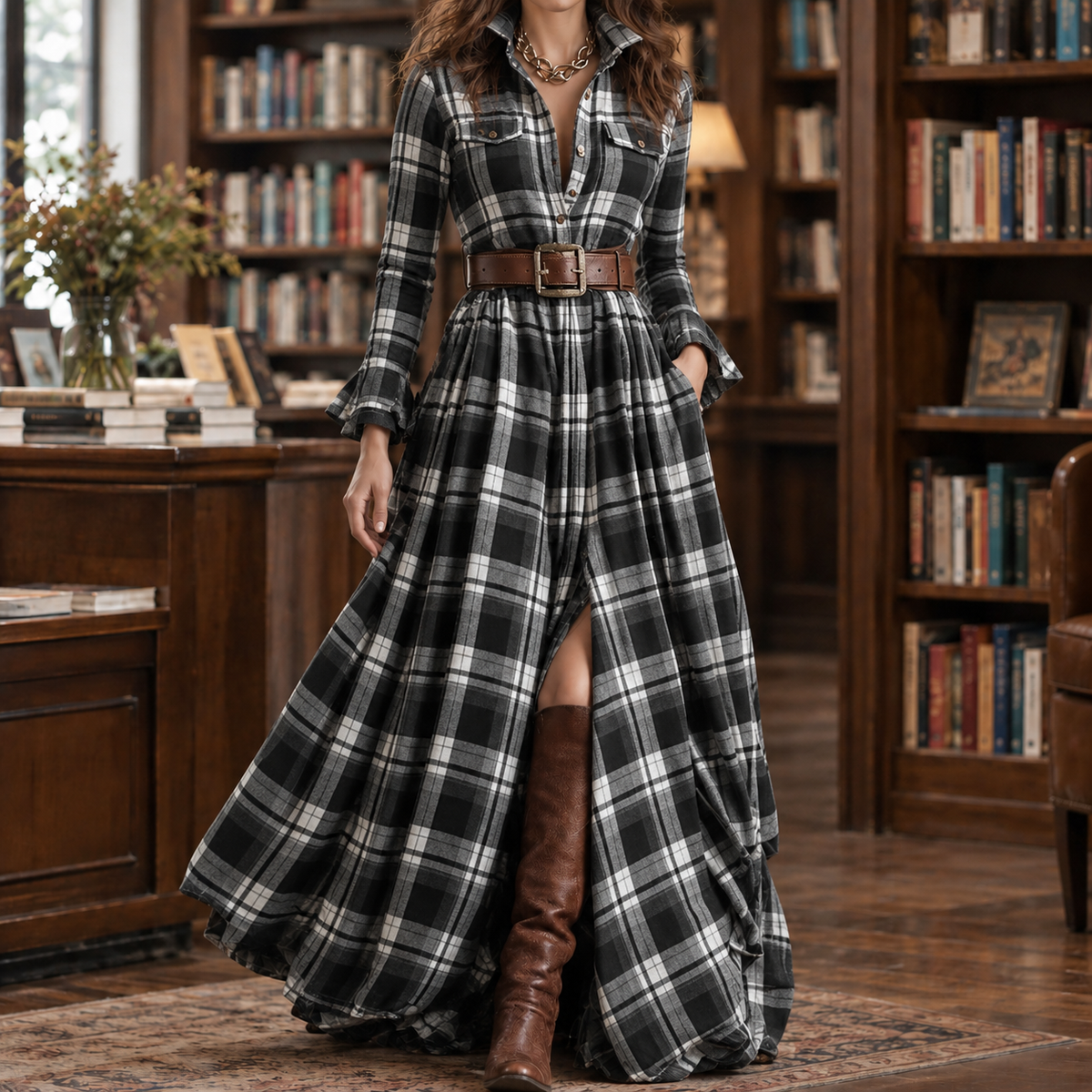 Antonia-Lane Plaid Maxi Dress