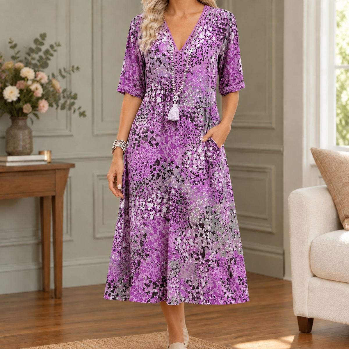 Olympia-Hope V-Neck Midi Dress