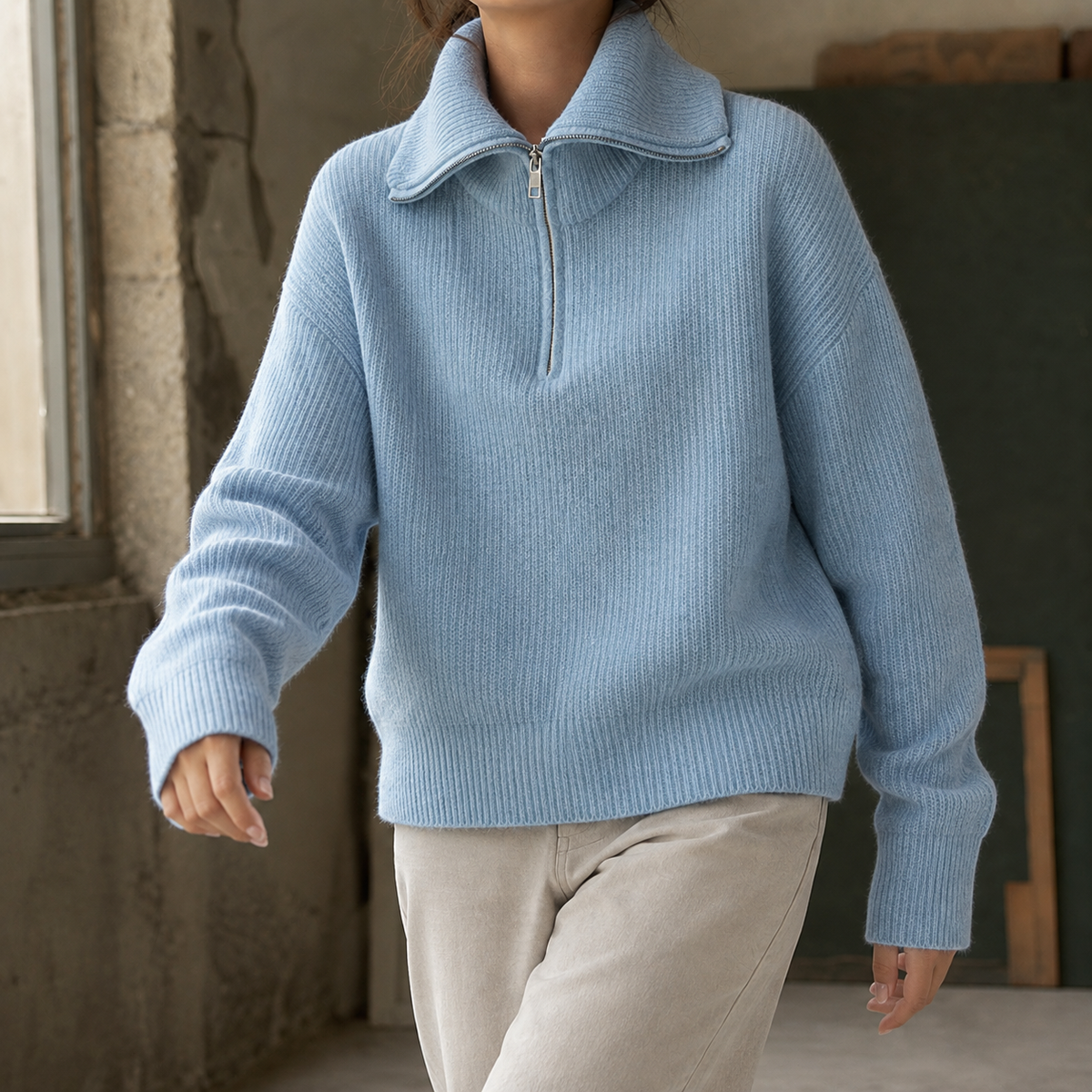 Xaviera-Sage Zip Neck Sweater