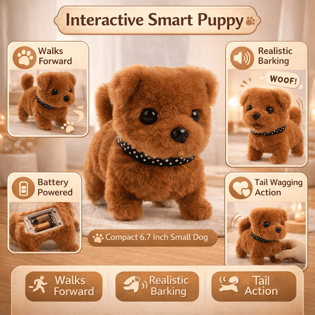 Interactive Walking Robot Toy Dog with Barking Sounds and Tail Wagging Battery Operated Plush Puppy