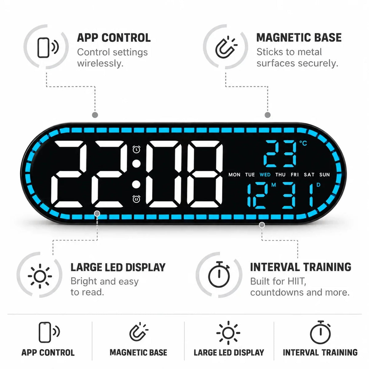Interval Timer | App-Controlled & Large LED | Magnetic Attachment