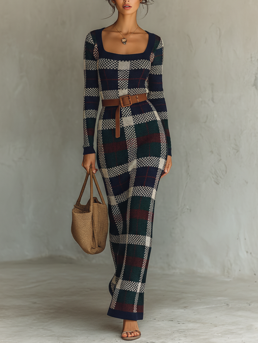 Erin | Women's Long Fall Winter Sweater Dress Square Neck Belted Knit