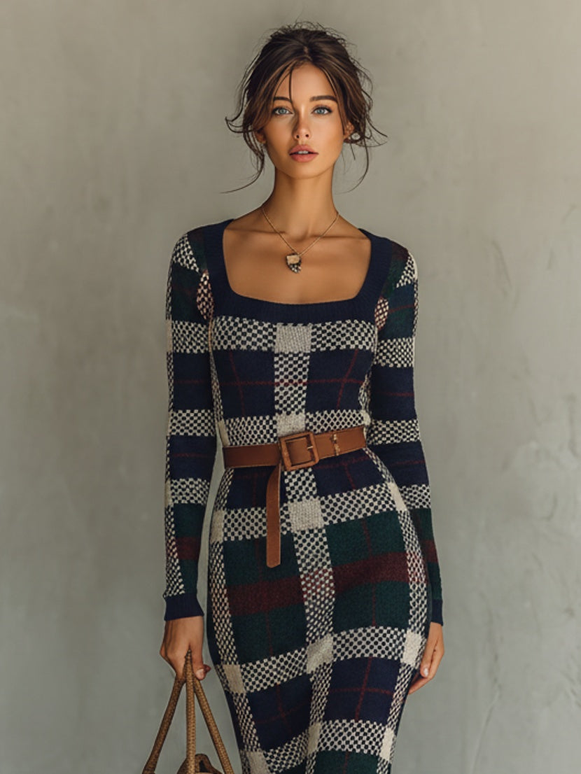 Erin | Women's Long Fall Winter Sweater Dress Square Neck Belted Knit