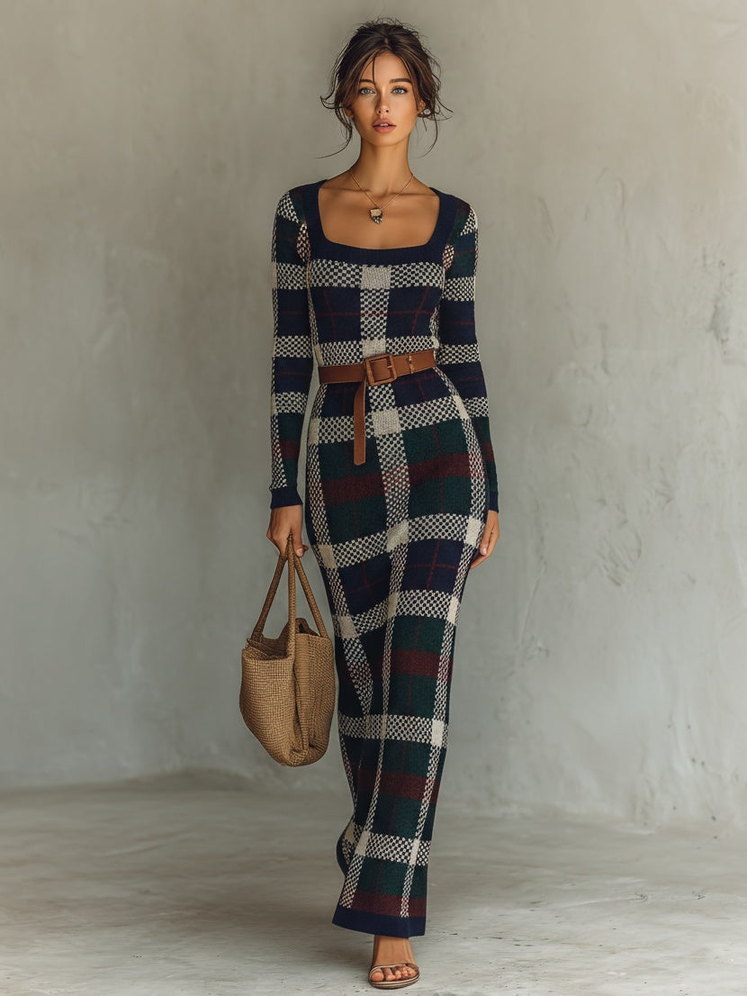 Erin | Women's Long Fall Winter Sweater Dress Square Neck Belted Knit