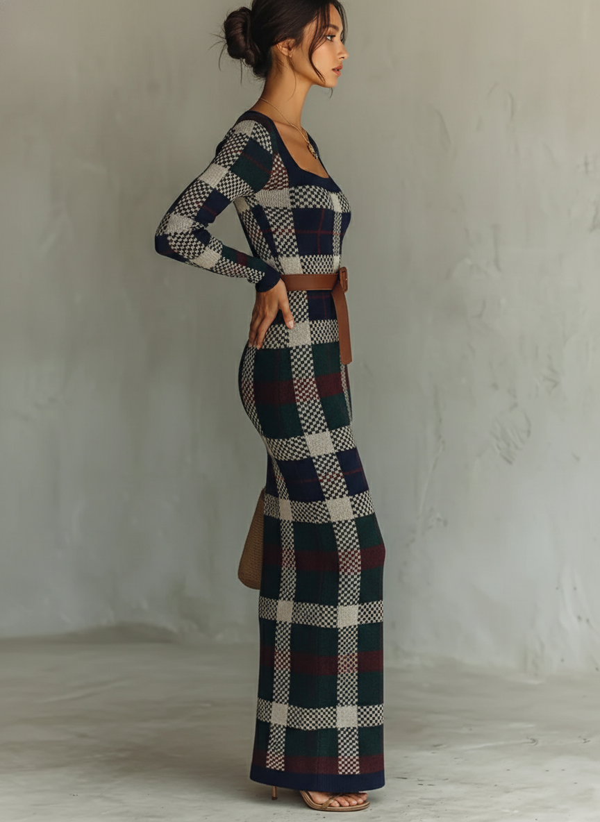 Erin | Women's Long Fall Winter Sweater Dress Square Neck Belted Knit