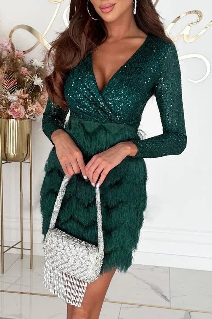 Women's Long Sleeve Sequin Dress | V-Neck Fringe Mini