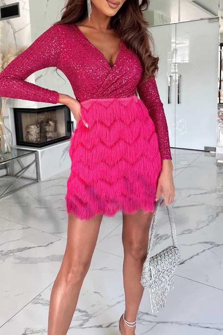 Women's Long Sleeve Sequin Dress | V-Neck Fringe Mini