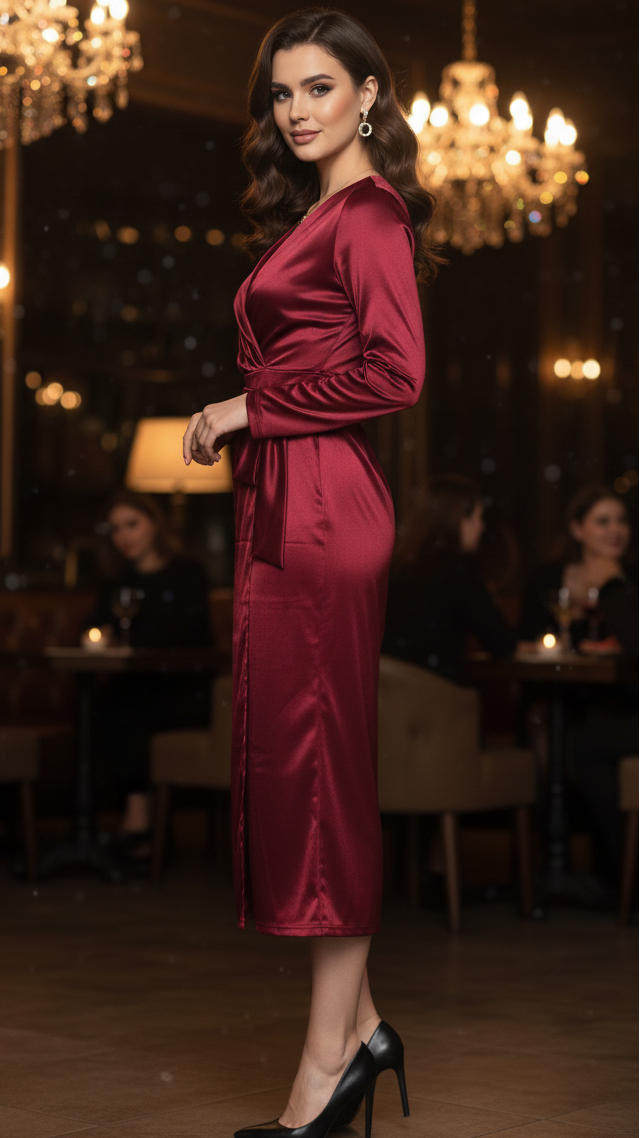 Women's Satin Midi Wrap Dress with Long Sleeves