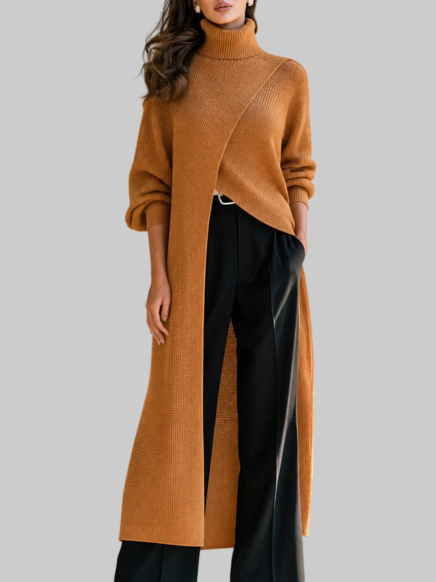 Ivory - Women's Asymmetrical Turtleneck Knit Cardigan