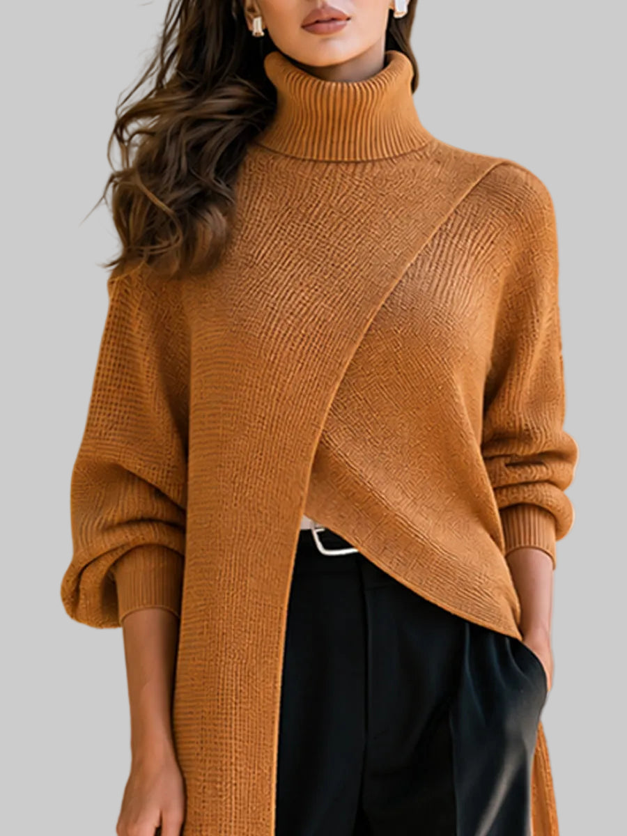 Ivory - Women's Asymmetrical Turtleneck Knit Cardigan