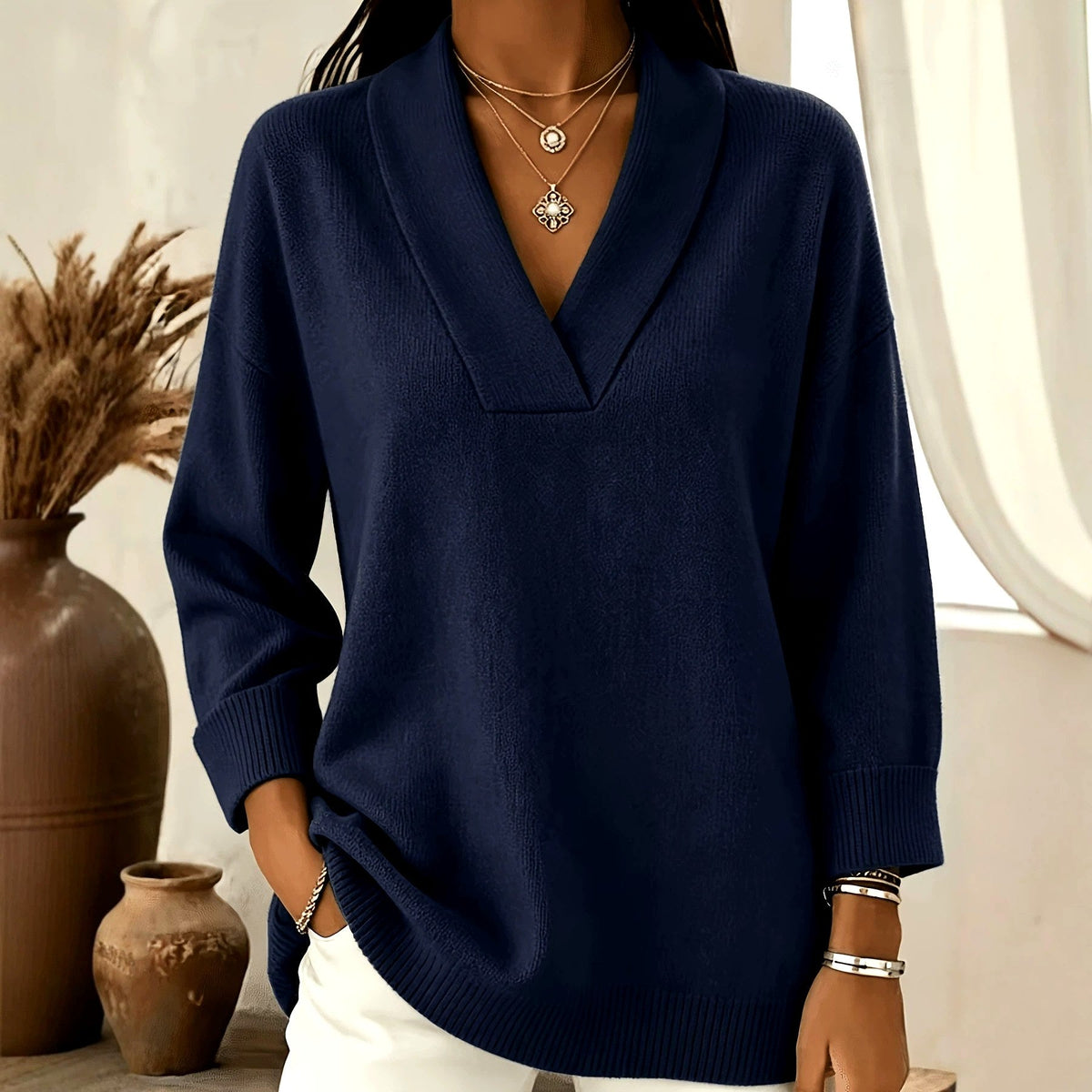 Jadwiga - Women's V-Neck Long Sleeve Loose Fit Sweater